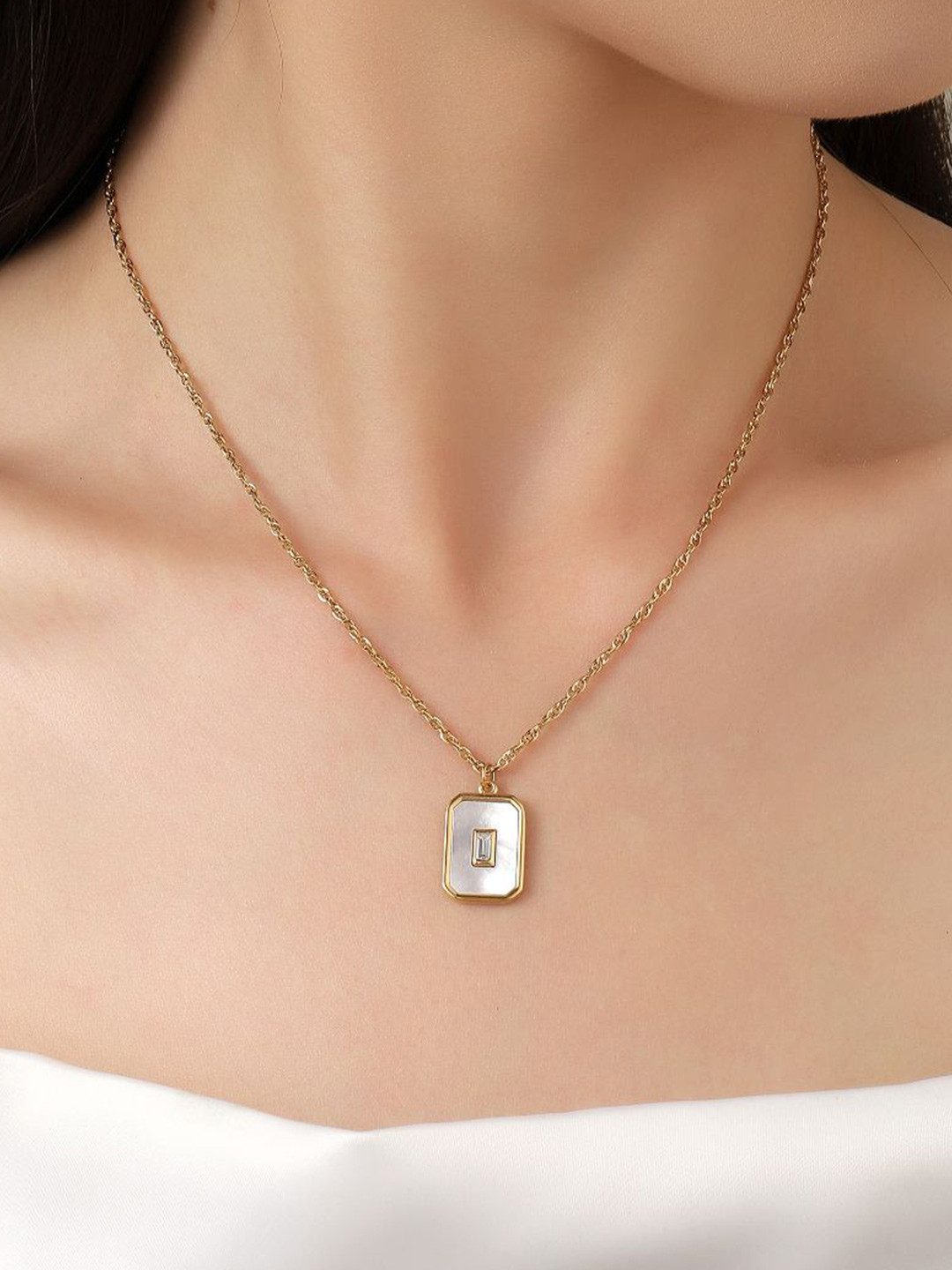 SALTY Gold Plated Enamelled Square Shaped Pendant With Chain