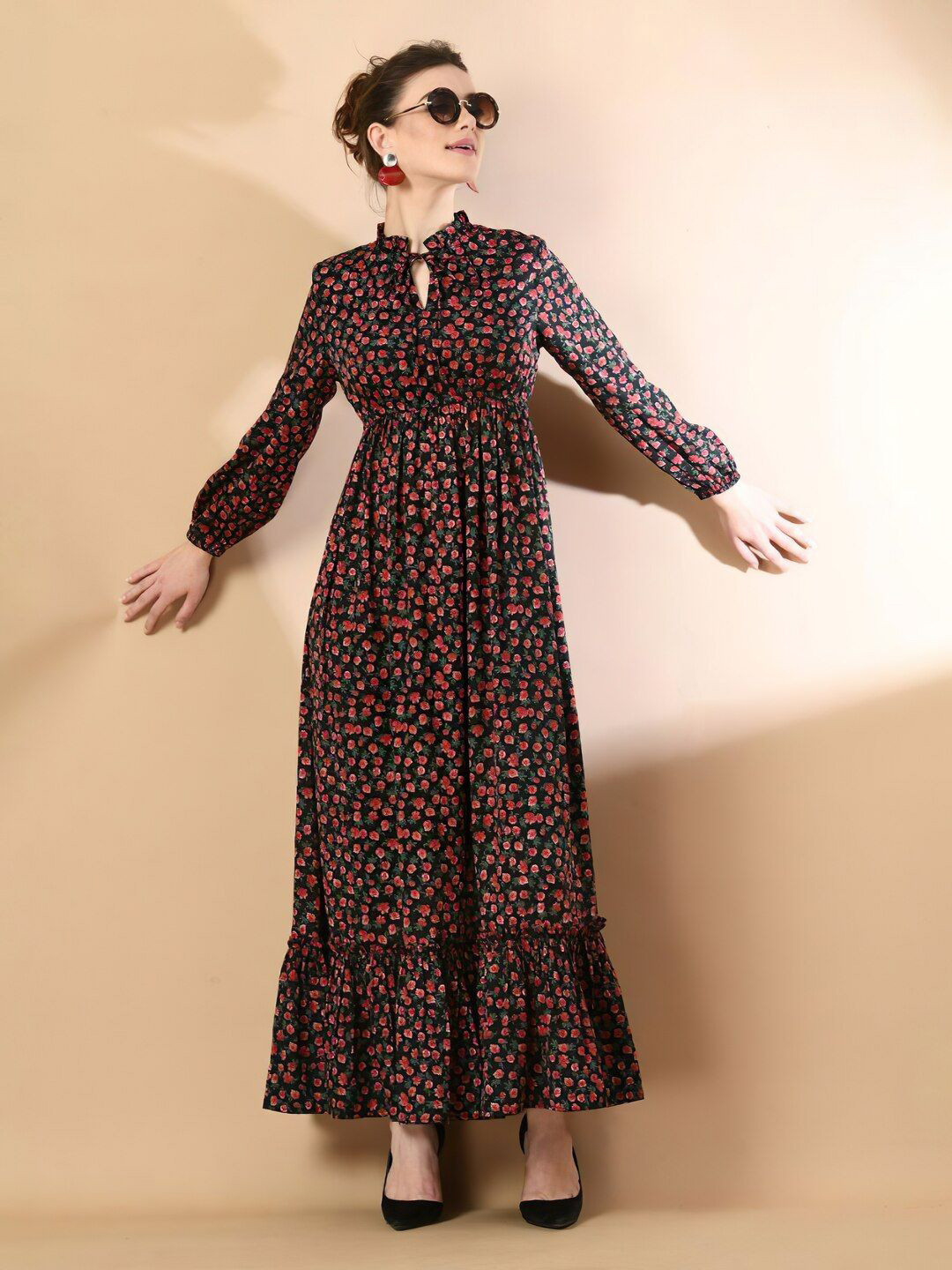 OTABU Women Floral Printed Tie-Up Neck Fit and Flare Maxi Dress