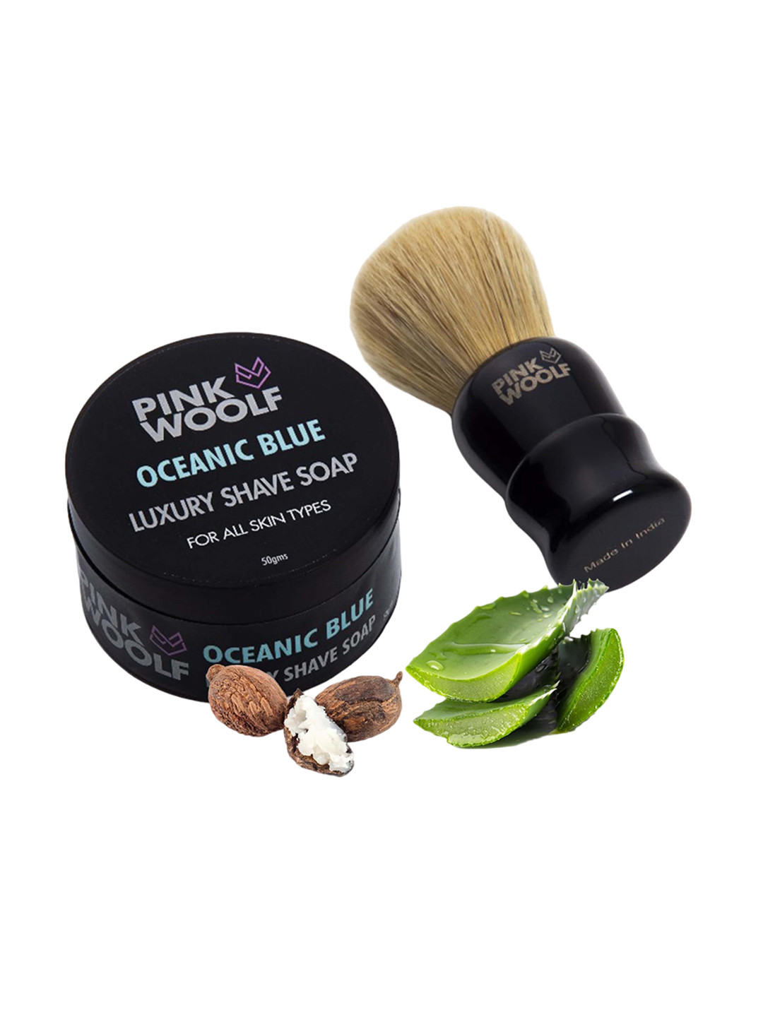PINK WOOLF Synthetic Soft Shaving Brush With Oceanic Blue Shaving Soap-50g