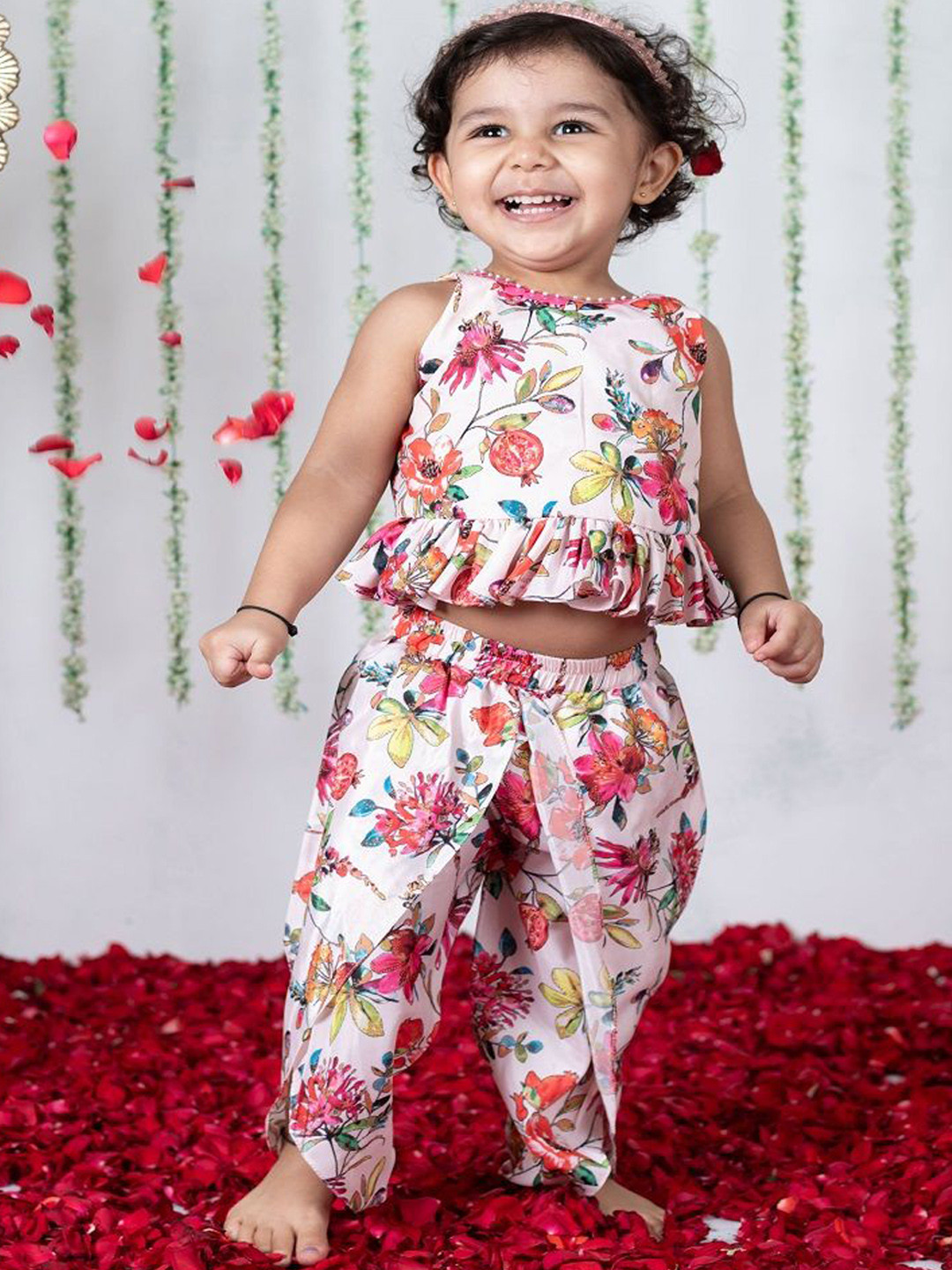 Li'l Angels Girls Floral Printed Top & Dhoti Pants