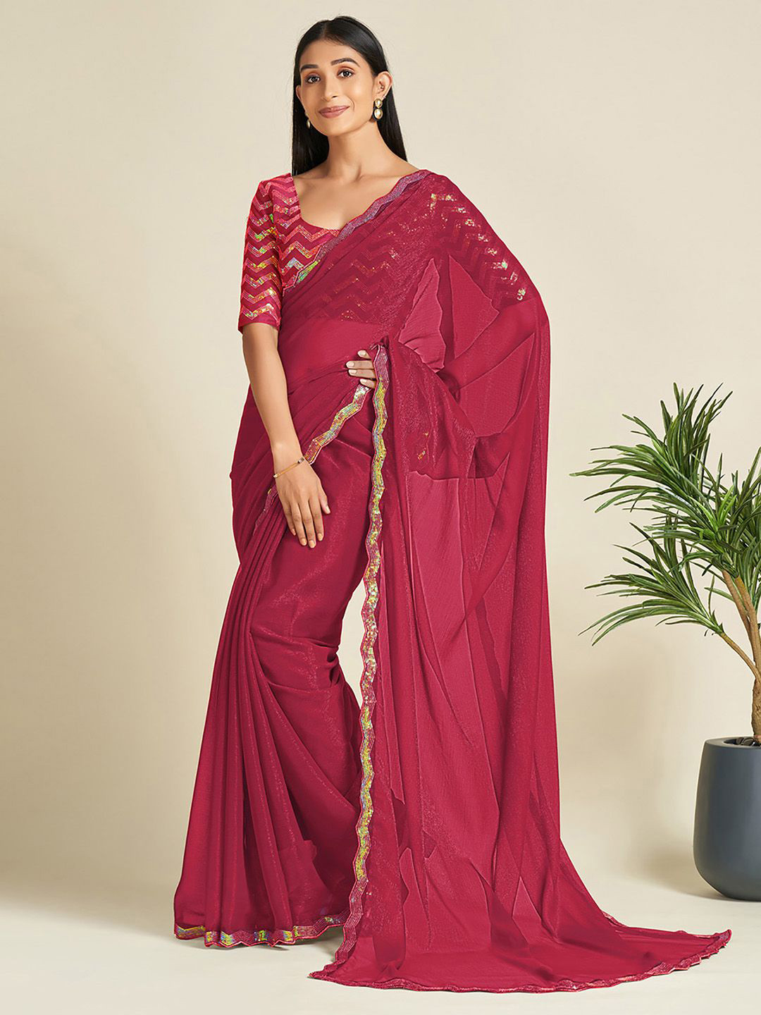 KALINI Sequinned Embellished Party Wear Saree with Matching Blouse