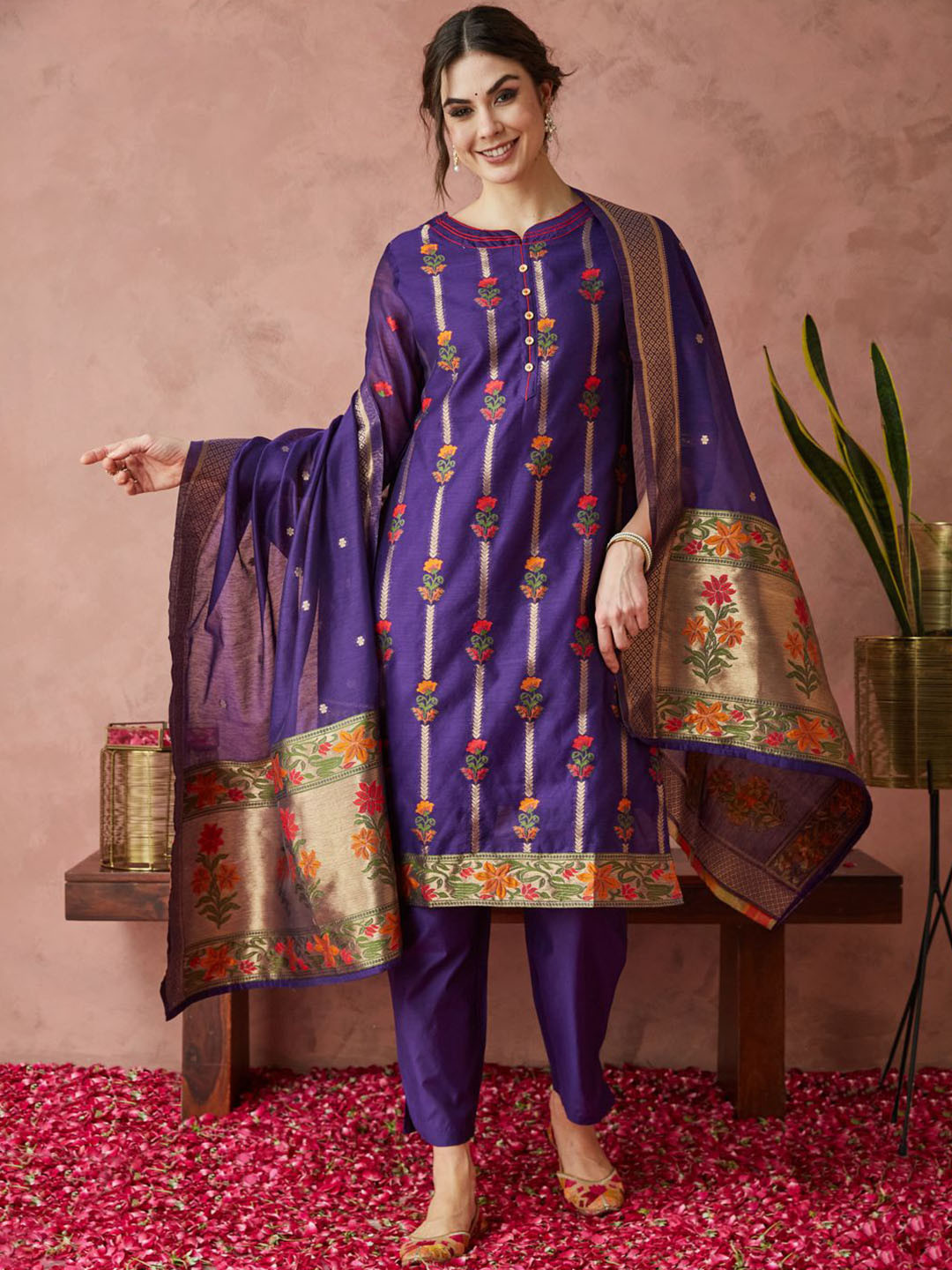 KAVINDI Kantha Work Chanderi Silk Straight Kurta with Trousers & With Dupatta