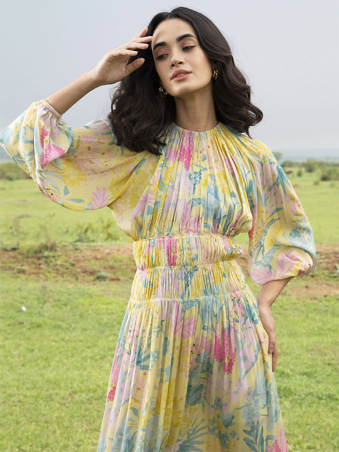 HOUSE OF SOI Women Floral Print Bishop Sleeve Fit & Flare Midi Dress