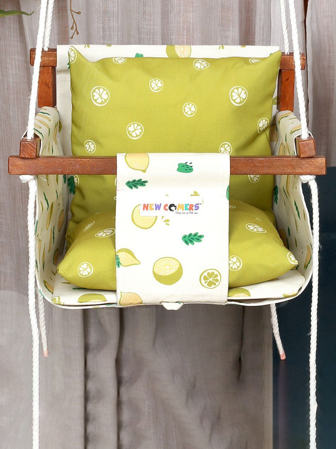 NEW COMERS Kids Yellow & White Printed Pure Cotton Swings With 2 Pillows