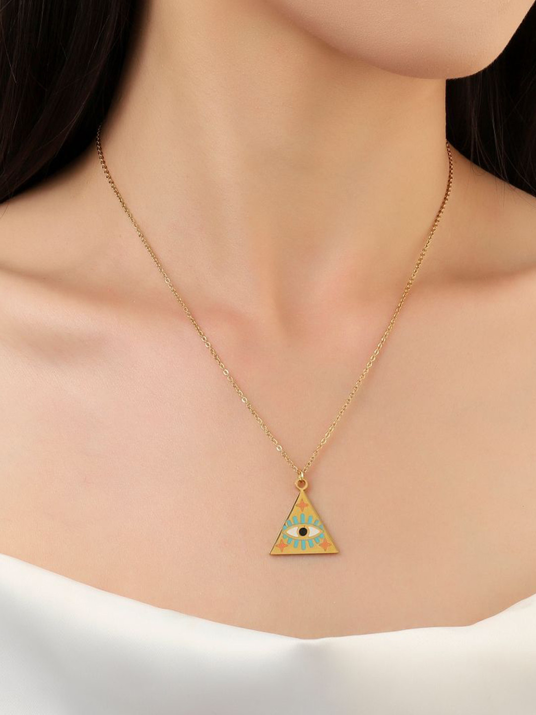 SALTY Stainless Steel Triangular Pyramid Evil Eye Pendant with Chain