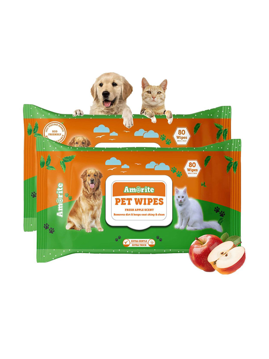 AMORITE Set of 2 Anti-Bacterial Wet Wipes With Fresh Apple Scent For Dogs, Puppies and Pets (160 Wipes)