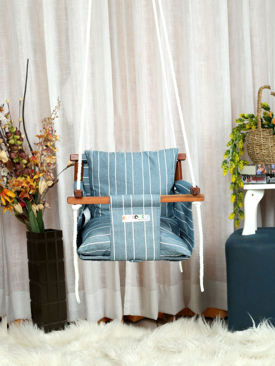 NEW COMERS Kids Blue & White Striped Pure Cotton Swings With 2 Pillows