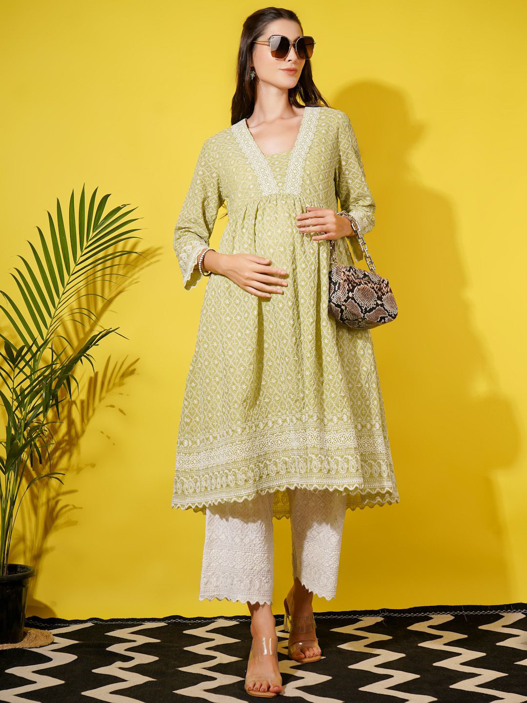 angloindu Floral Embroidered Regular Maternity Pure Cotton A-Line Kurta with Trousers
