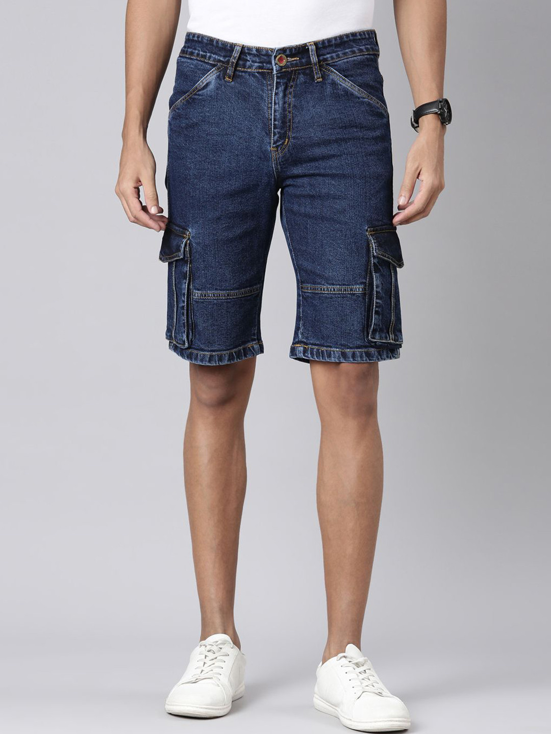 CINOCCI Men Slim Fit Washed Denim Cargo Shorts