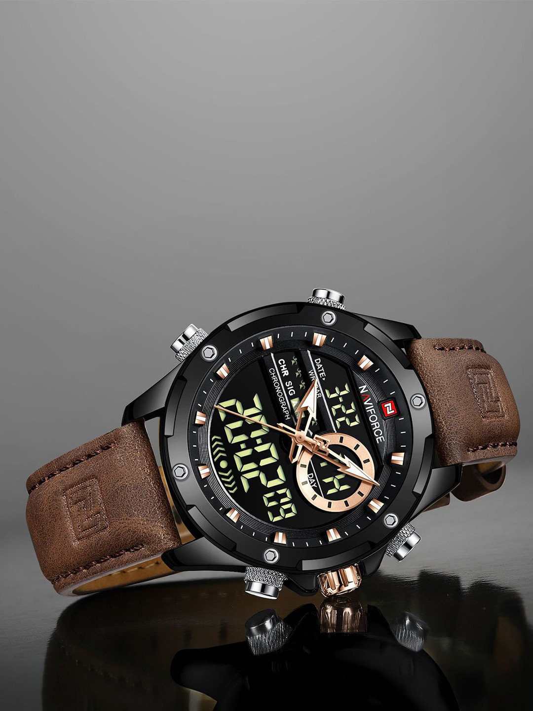 Naviforce Men Brass Dial & Leather Straps Analogue and Digital Multi Function Watch NF9208 BBD.BN