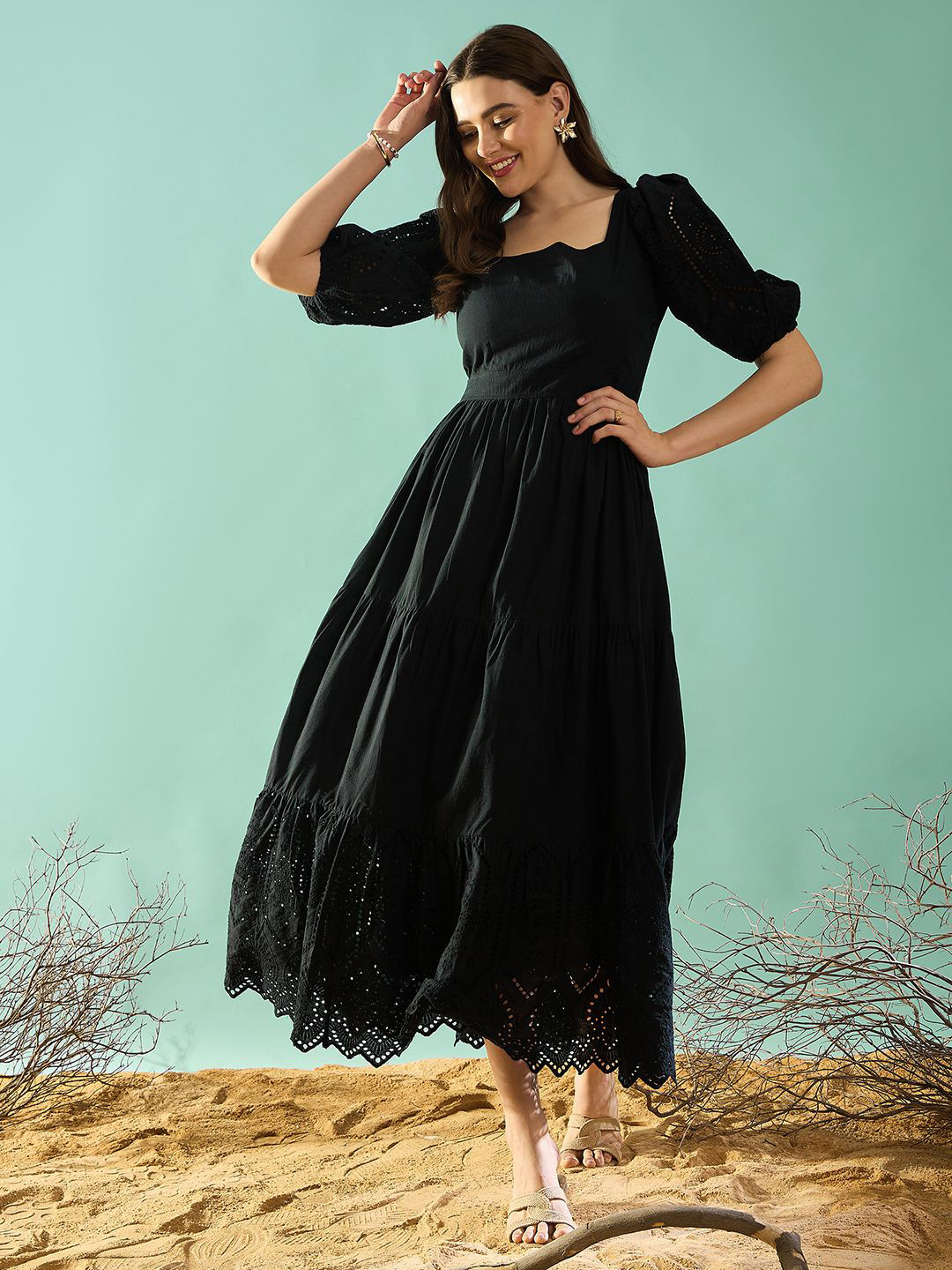 PANIT Solid Puff Sleeves Fit and Flare Dress