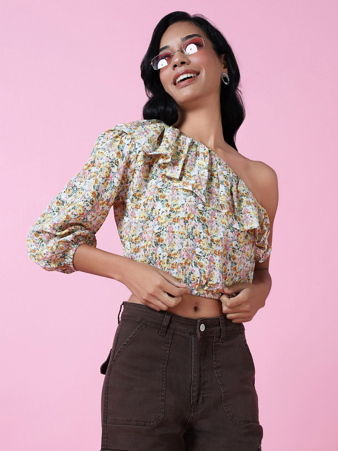 SHOWOFF Floral Print One Shoulder Puff Sleeve Crepe Blouson Crop Top