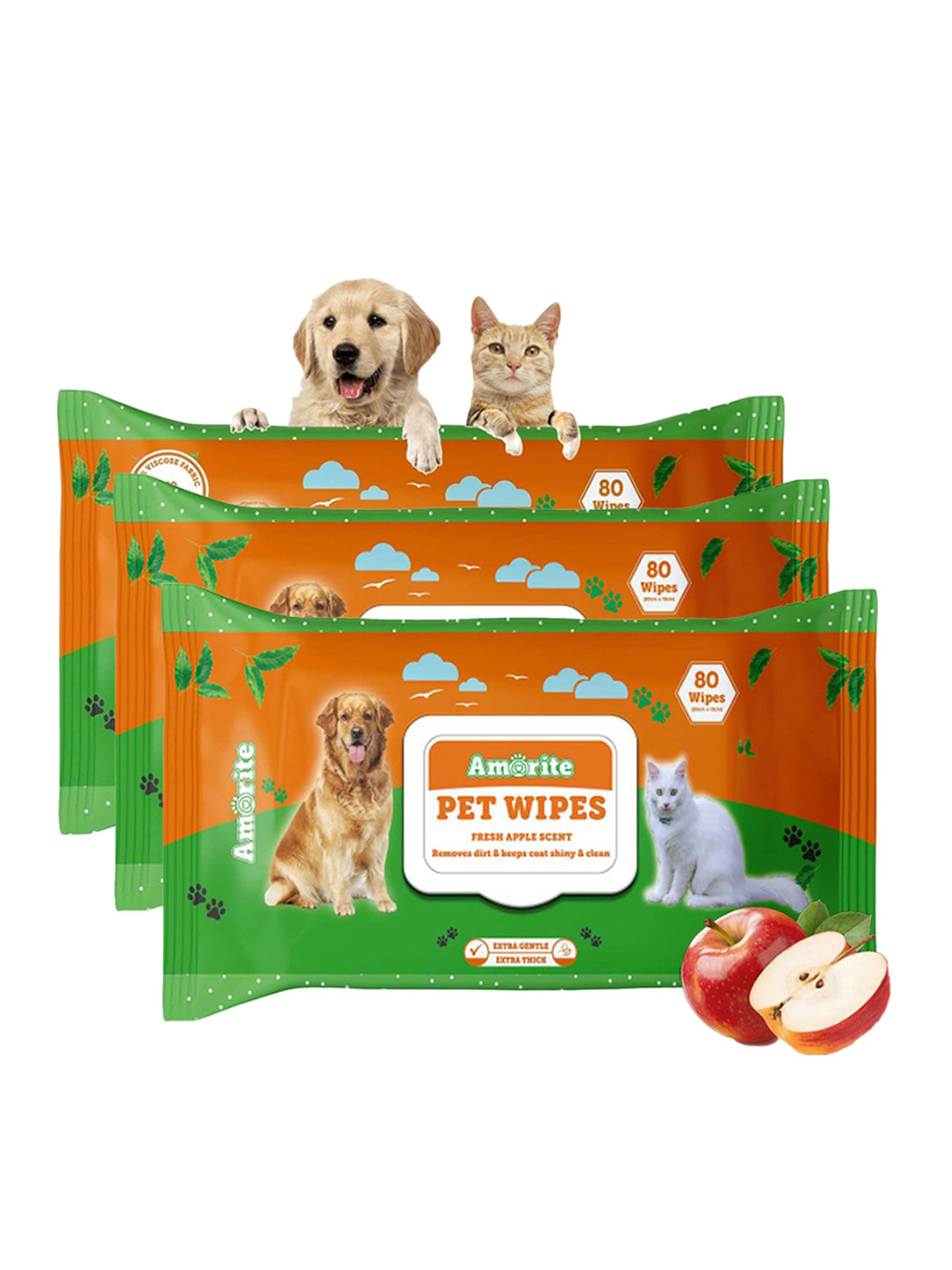 AMORITE Set of 3 Dry Bathing and Daily Care Wet Wipes For Dogs and Cats (240 Wipes)