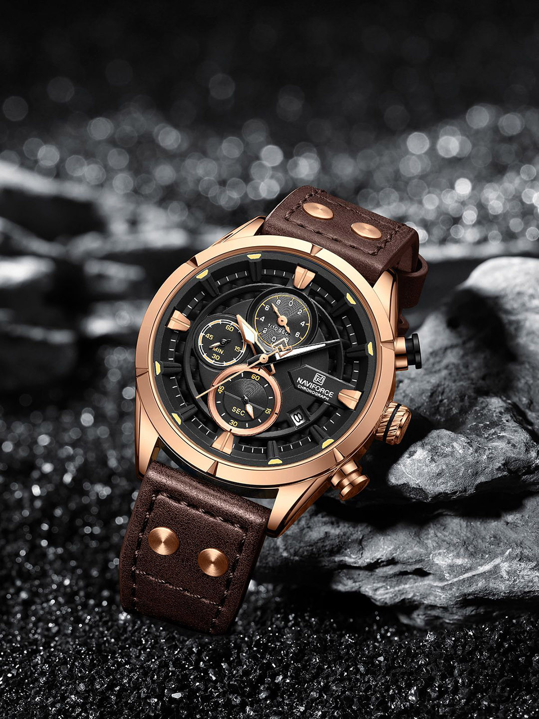 Naviforce Men Brass Embellished Dial & Leather Straps Analogue Chronograph Watch NF8045 RGBD.BN