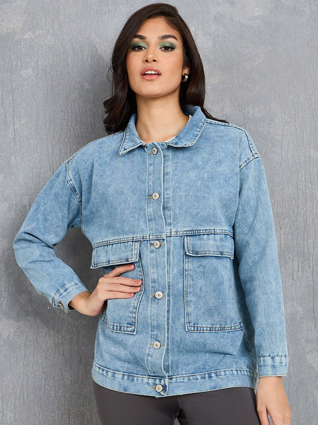 Styli Women Oversized Drop Shoulder Front Pocket Long Sleeve Demin Jacket