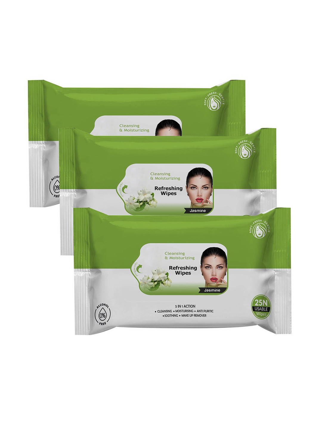 Adbeni Set Of 3 Jasmine Cleansing & Moisturizing Refreshing Facial Wipes - 25 Wipes Each
