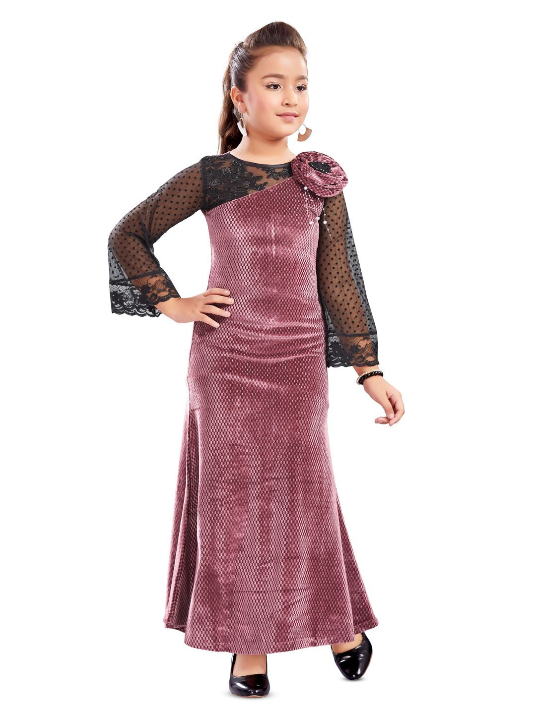 Lei-Chie Girls Bell Sleeve Velvet Maxi Dress