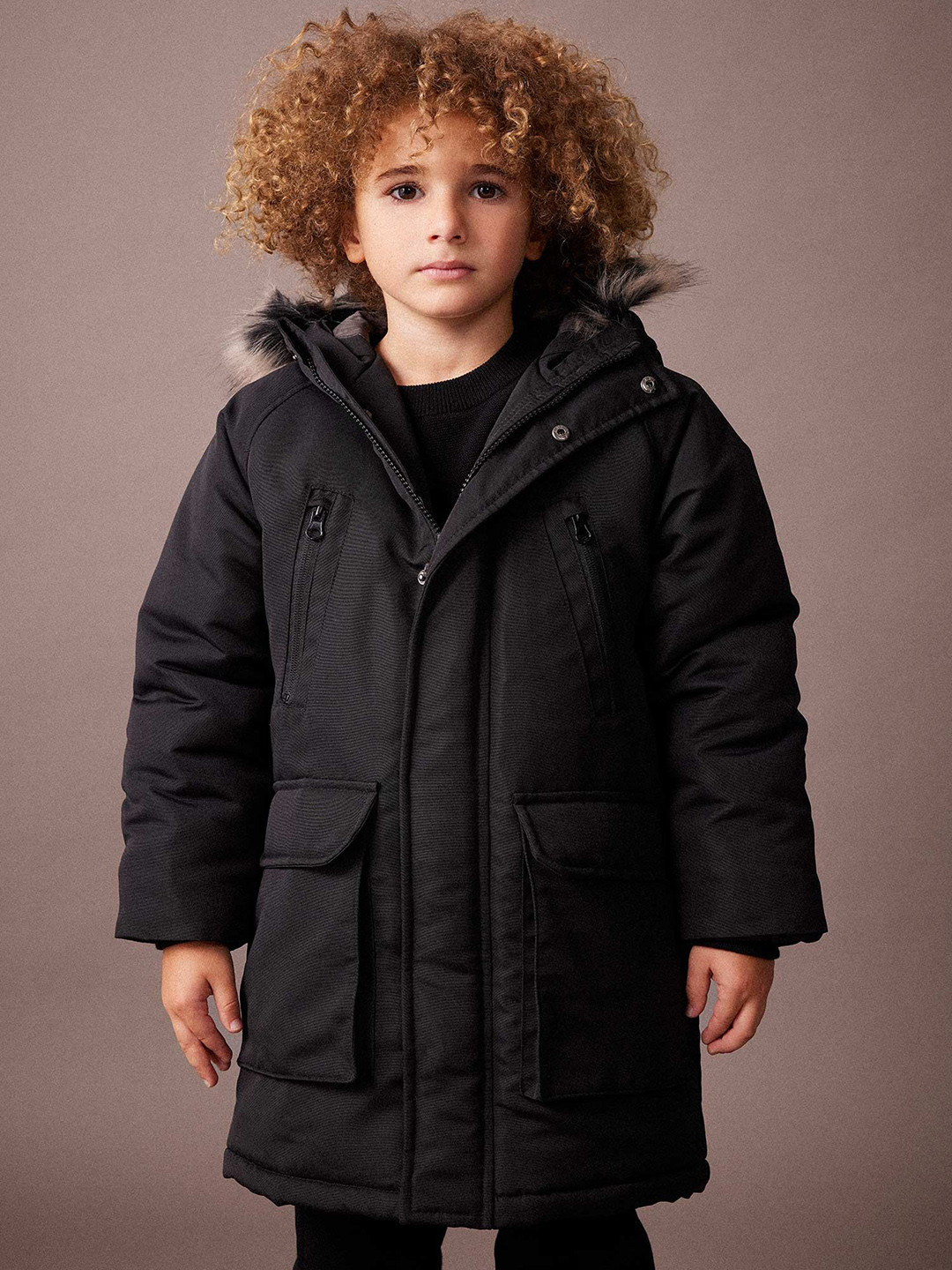 DeFacto Boys Longline Hooded With Faux Fur Trim Padded Jacket