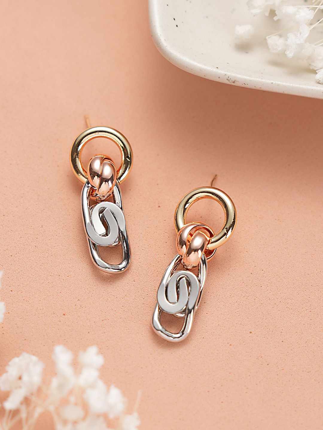 SARAF TRENDZ Rose Gold-Plated Stainless Steel Anti-Tarnish Chain Dangle Drop Earrings