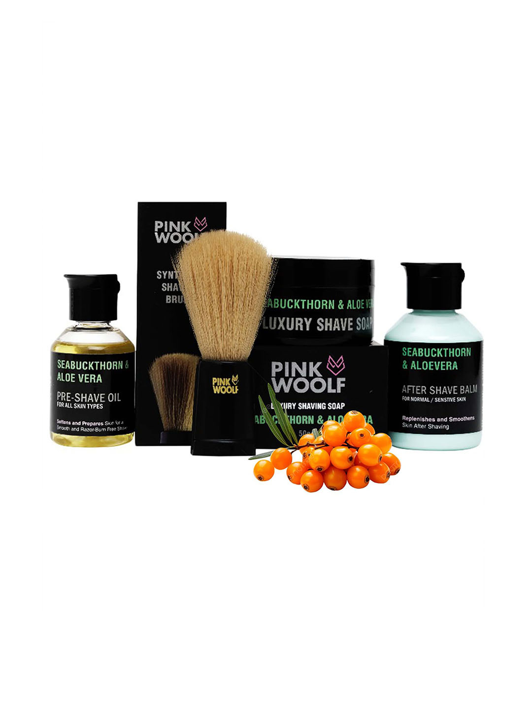 PINK WOOLF 4Pcs Pre Shave Oil, After Shave Balm, Shaving Brush & Soap Smooth Shave Kit
