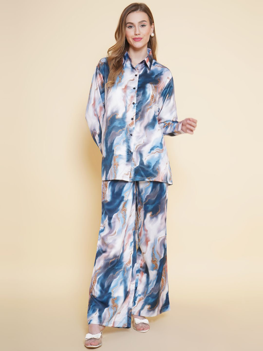 KATLINE Marble Printed Long Sleeves Shirt With Trousers