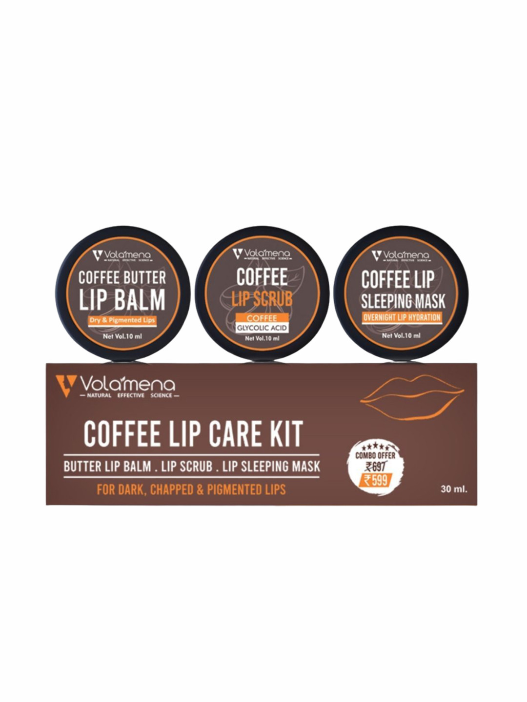 Volamena Set Of 3 Lip Brightening Coffee Lip Care Kit 10ml Each - Balm+Mask+Scrub