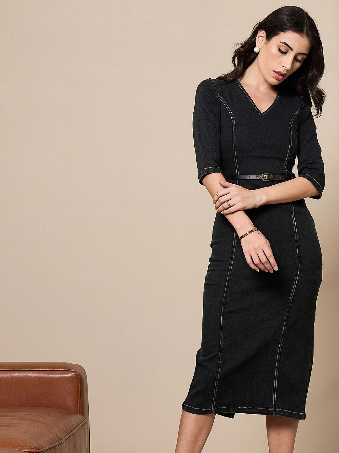 SASSAFRAS worklyf Solid Denim Formal Sheath Midi Dress