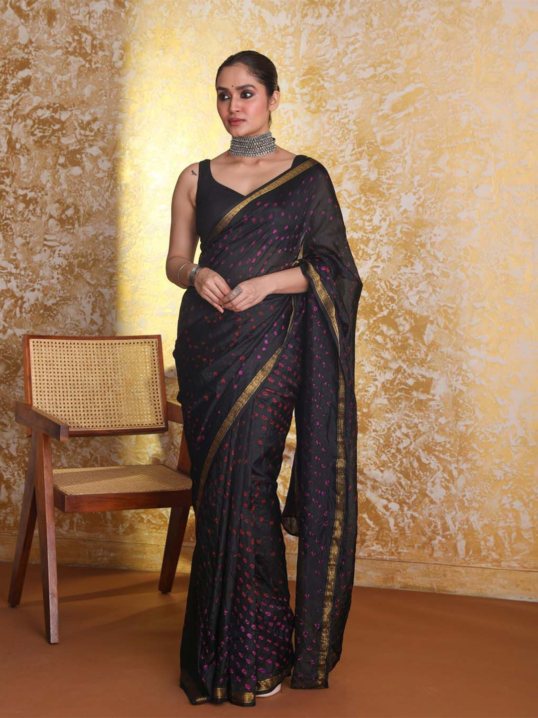Indethnic Bandhani Zari Poly Crepe Bandhani Saree
