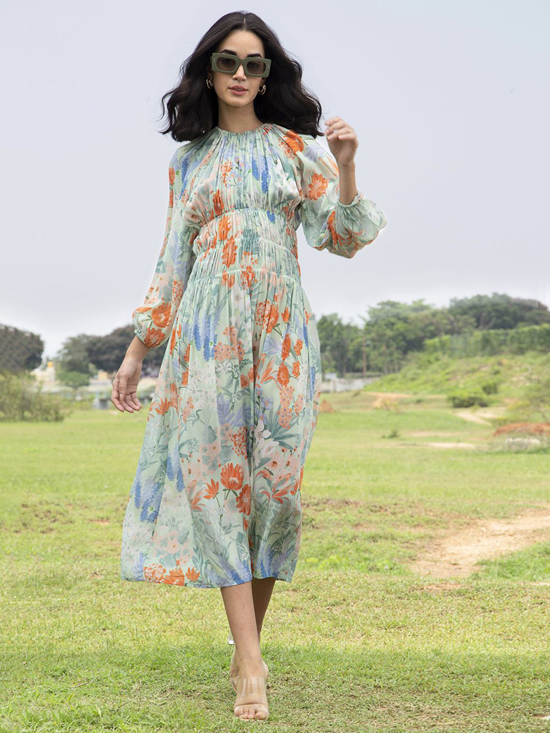 HOUSE OF SOI Floral Printed Bishop Sleeve Crepe Fit & Flare Midi Dress
