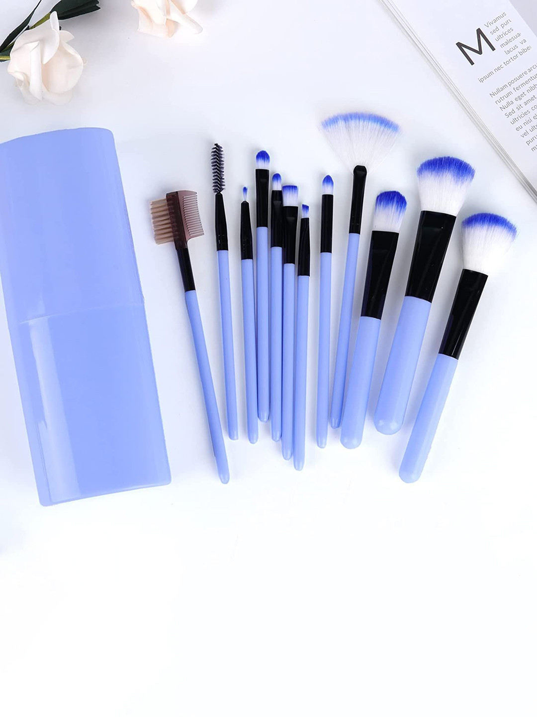 zemglam Set of 12 Makeup Brush with Storage Barrel - Blue