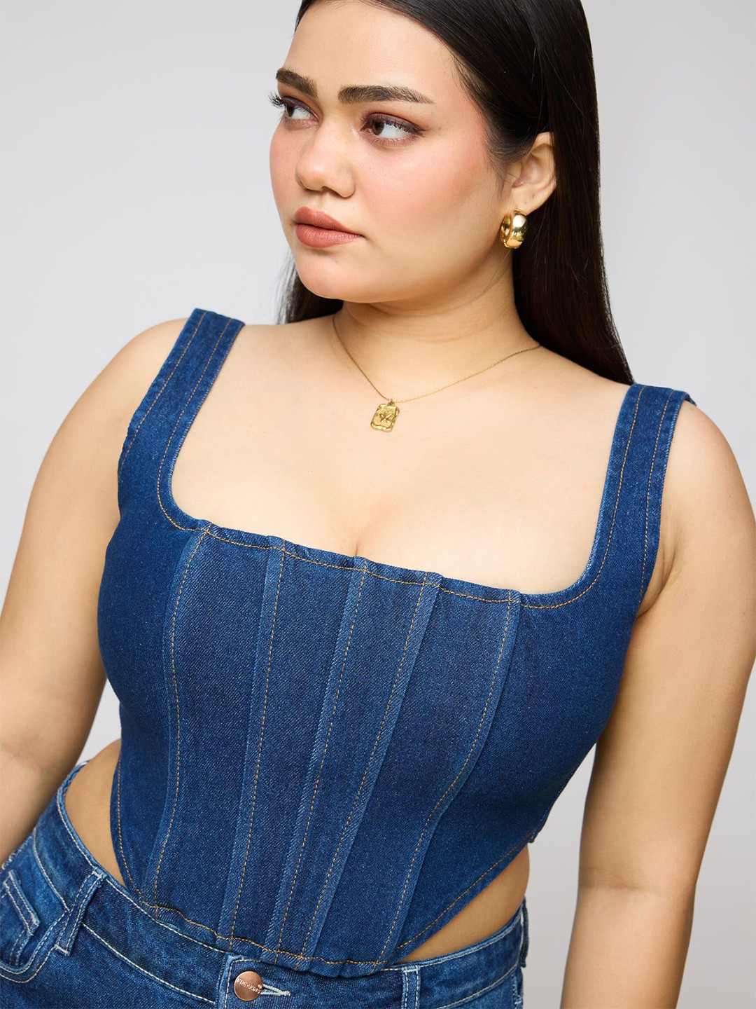 FREAKINS Women Plus Size Denim Corset Pure Cotton Crop Top