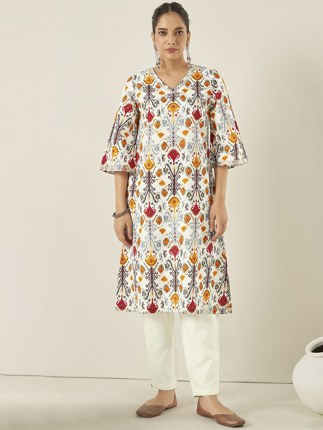 Anouk White Tribal Printed Flared Sleeves A-Line Kurta