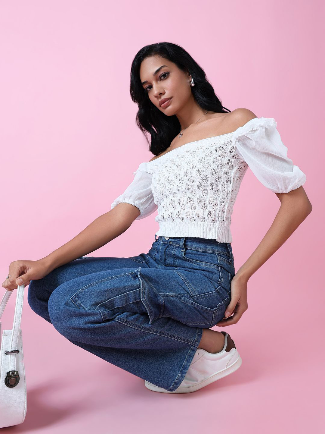SHOWOFF Off-Shoulder Puff Sleeve Crochet Blouson Crop Top