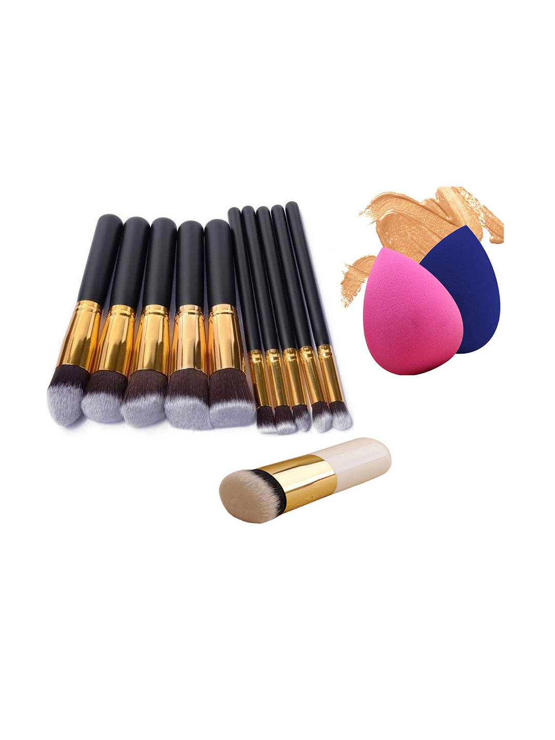 zemglam Set Of 10 Makeup Brushes With 2 Beauty Blender Sponge Puffs & 1 Foundation Brush