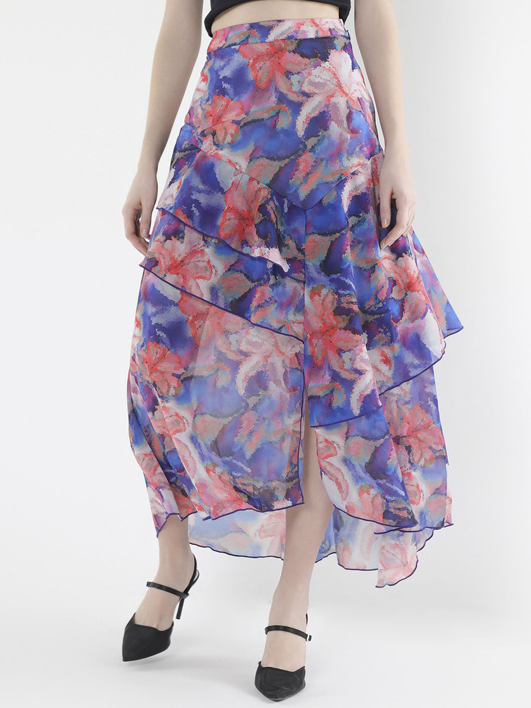 RAREISM Printed Flared Midi Floral Print Casual Skirt