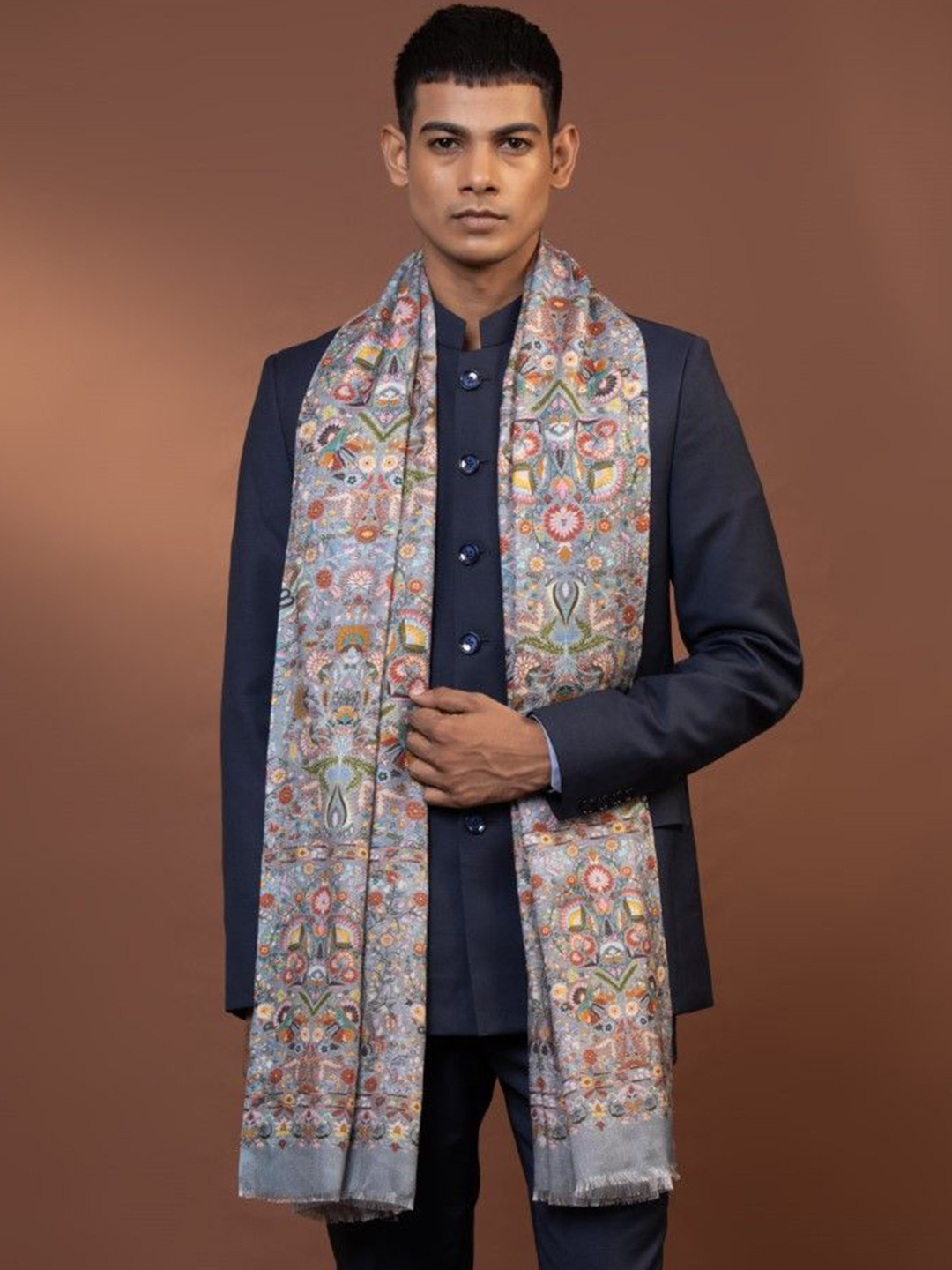 MODARTA Kashmiri Floral Printed Fringed Border Shawl