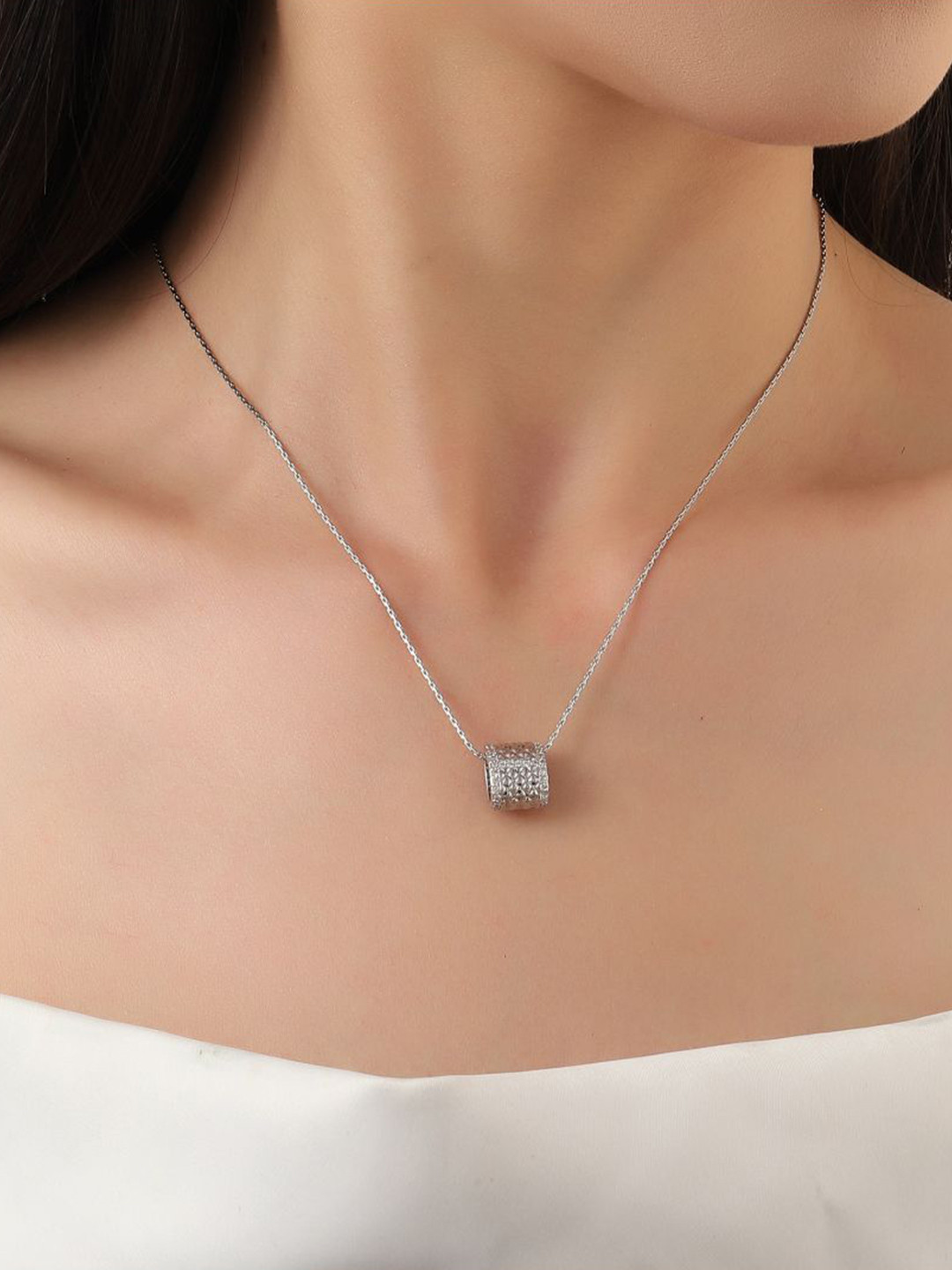 SALTY Textured Studded Wheel Silver-Plated Stainless Steel Pendant With Chain