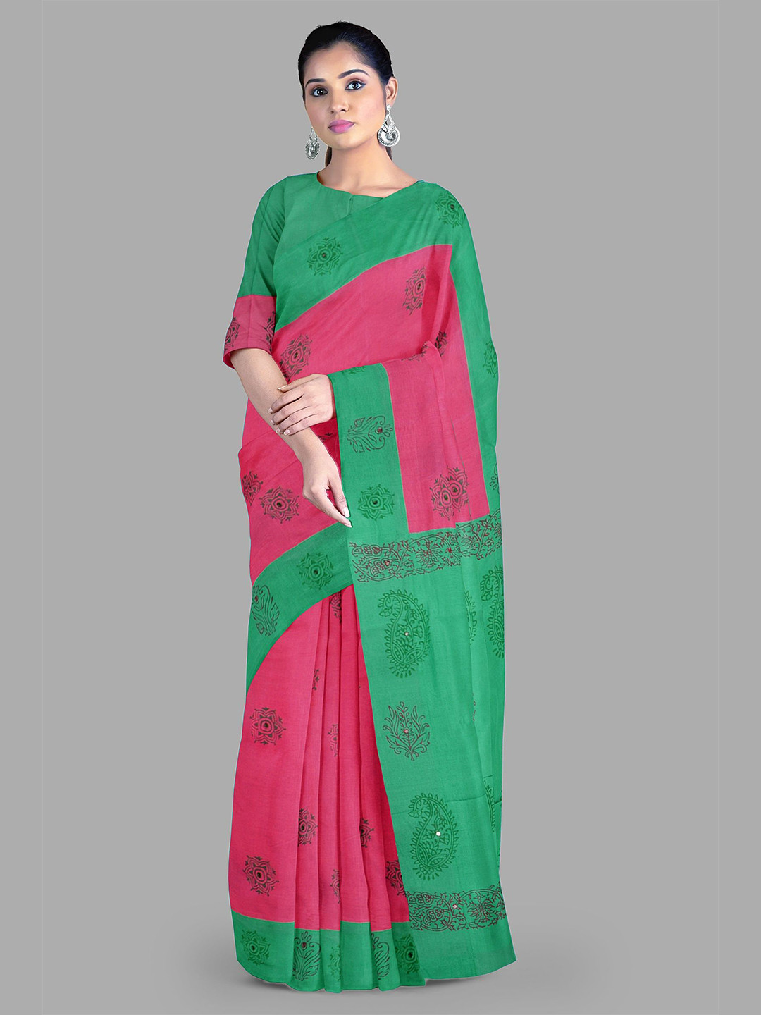 The Chennai Silks Women Ethnic Motifs Printed Mirror Work Block Printed Saree