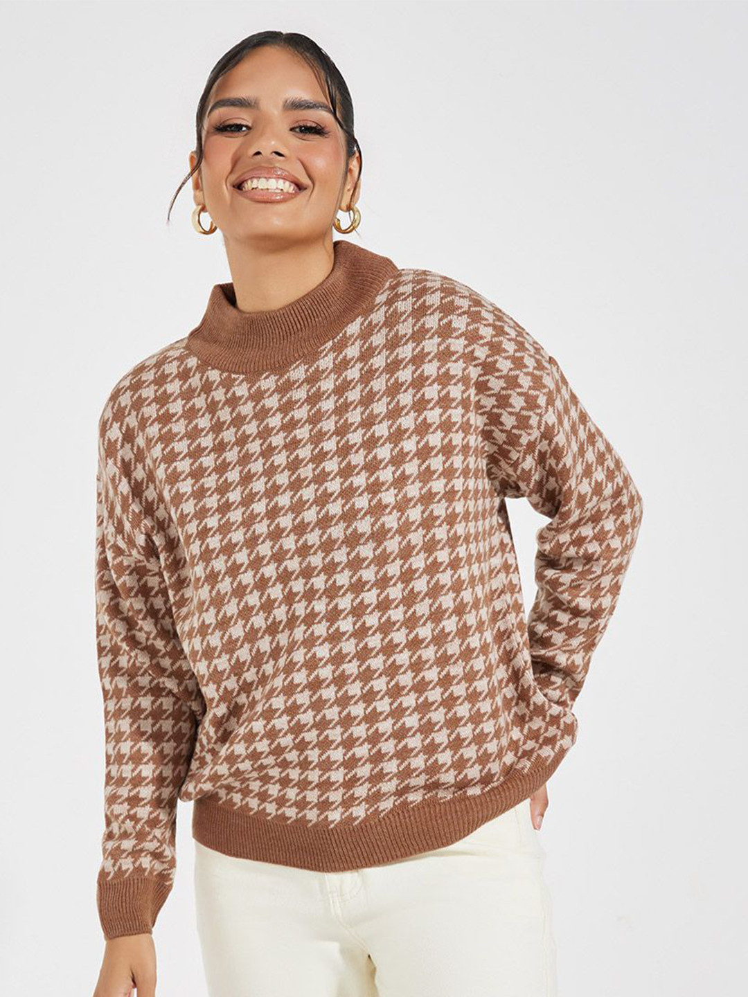 Styli Women Houndstooth Regular Length High Neck Oversized Fit  Sweater