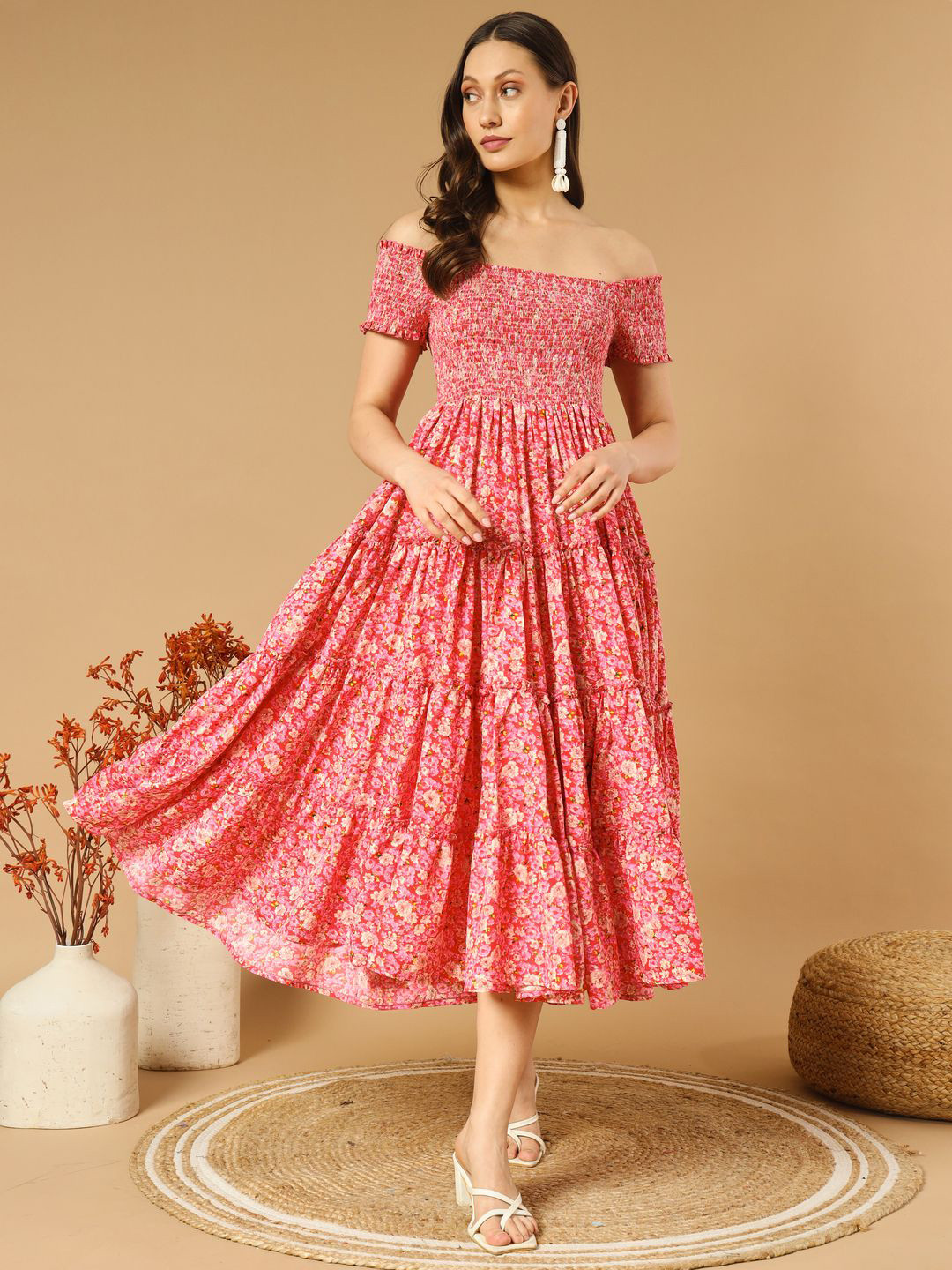 OTABU Floral Print Off-Shoulder Applique Crepe Formal A-Line Midi Dress