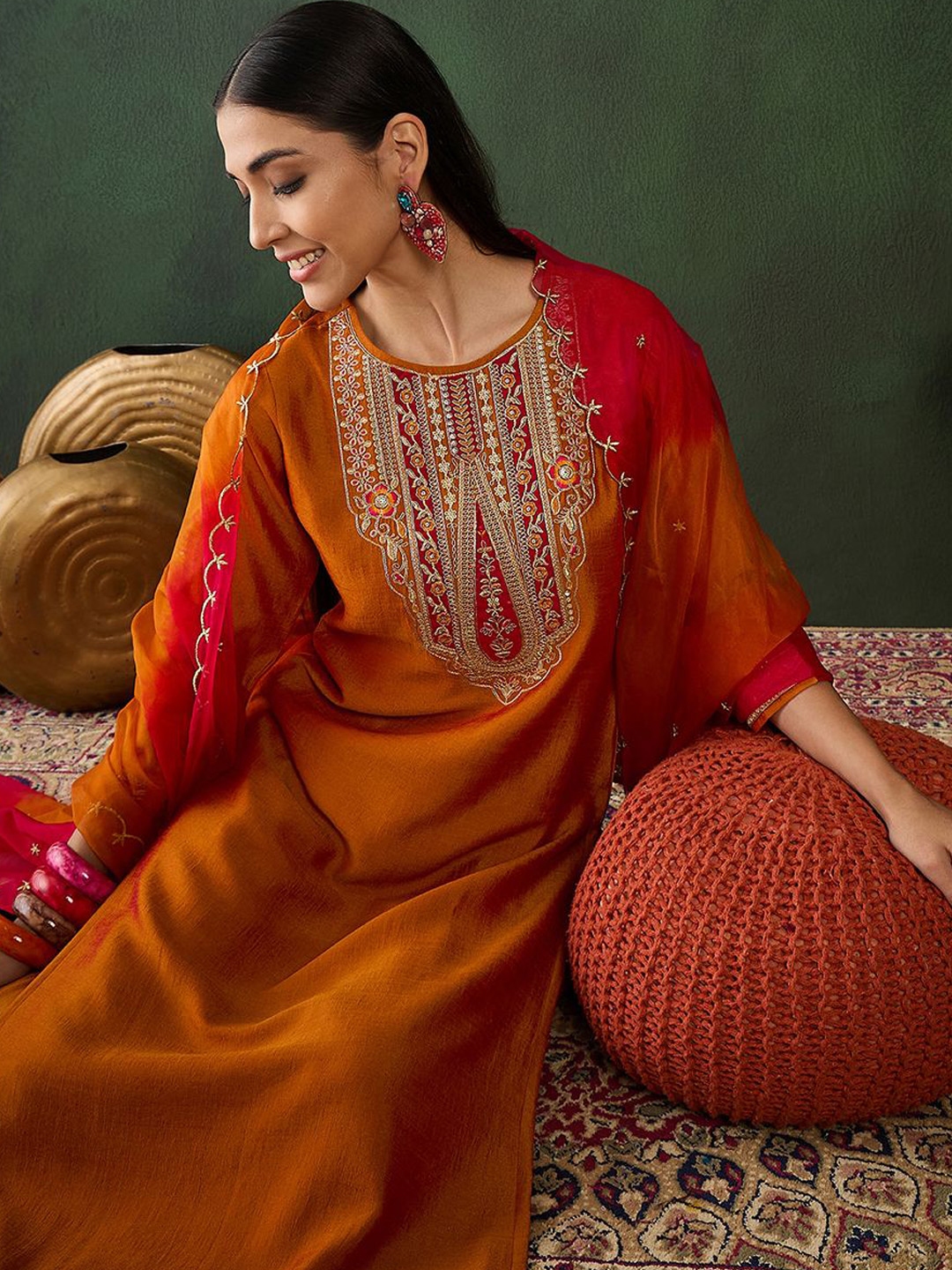 Sangria Floral Yoke Design Regular Sequinned Kurta With Trousers & Dupatta - Kurta Sets for Women 30770261 | Myntra