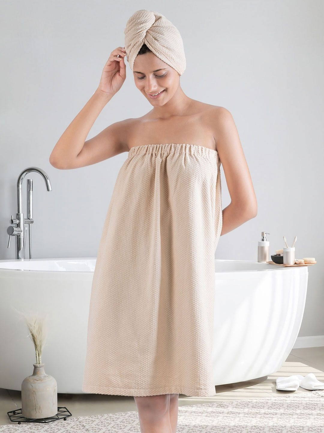 MYTRIDENT Urban Comfort Beige Cotton Slip-On Mini Set of 2 Bath Wrap with Head Wrap-L