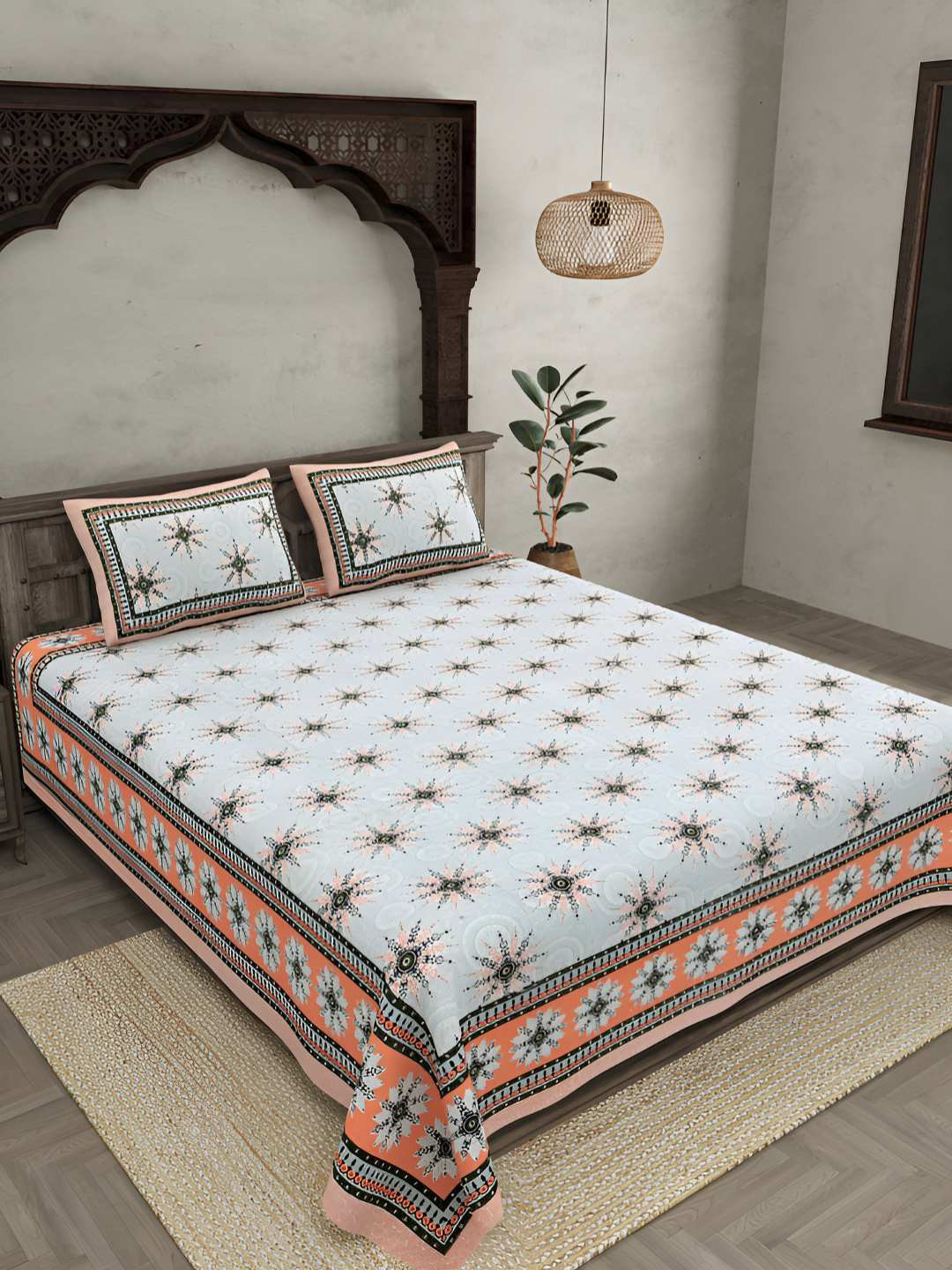 BED-SHEET.COM Orange Ethnic Motifs Cotton 144 TC King Superfine Bedsheet with 2 Pillow Covers-270 x 225 cm