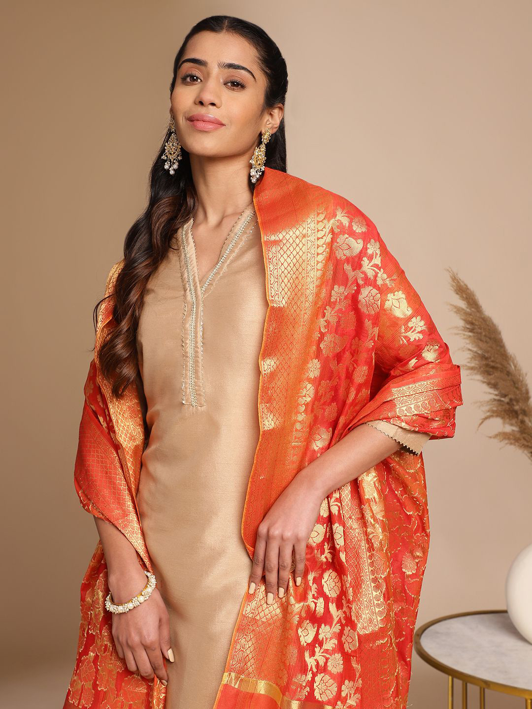 Janasya Yoke Design Gotta Patti Straight Kurta With Trousers & Dupatta