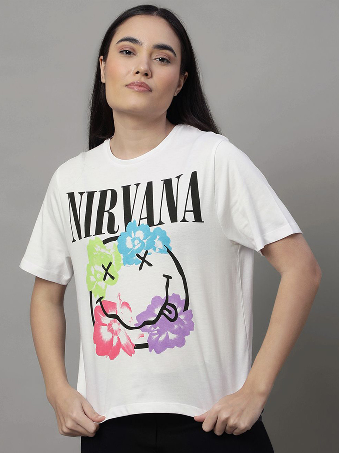 Free Authority Women Nirvana Typography Printed Round Neck Cotton T-Shirt