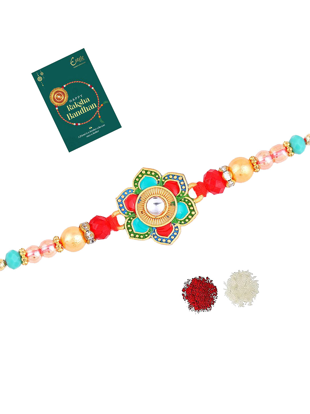Estele Floral Design Stone Rakhi With Roli Chawal & Greeting Card