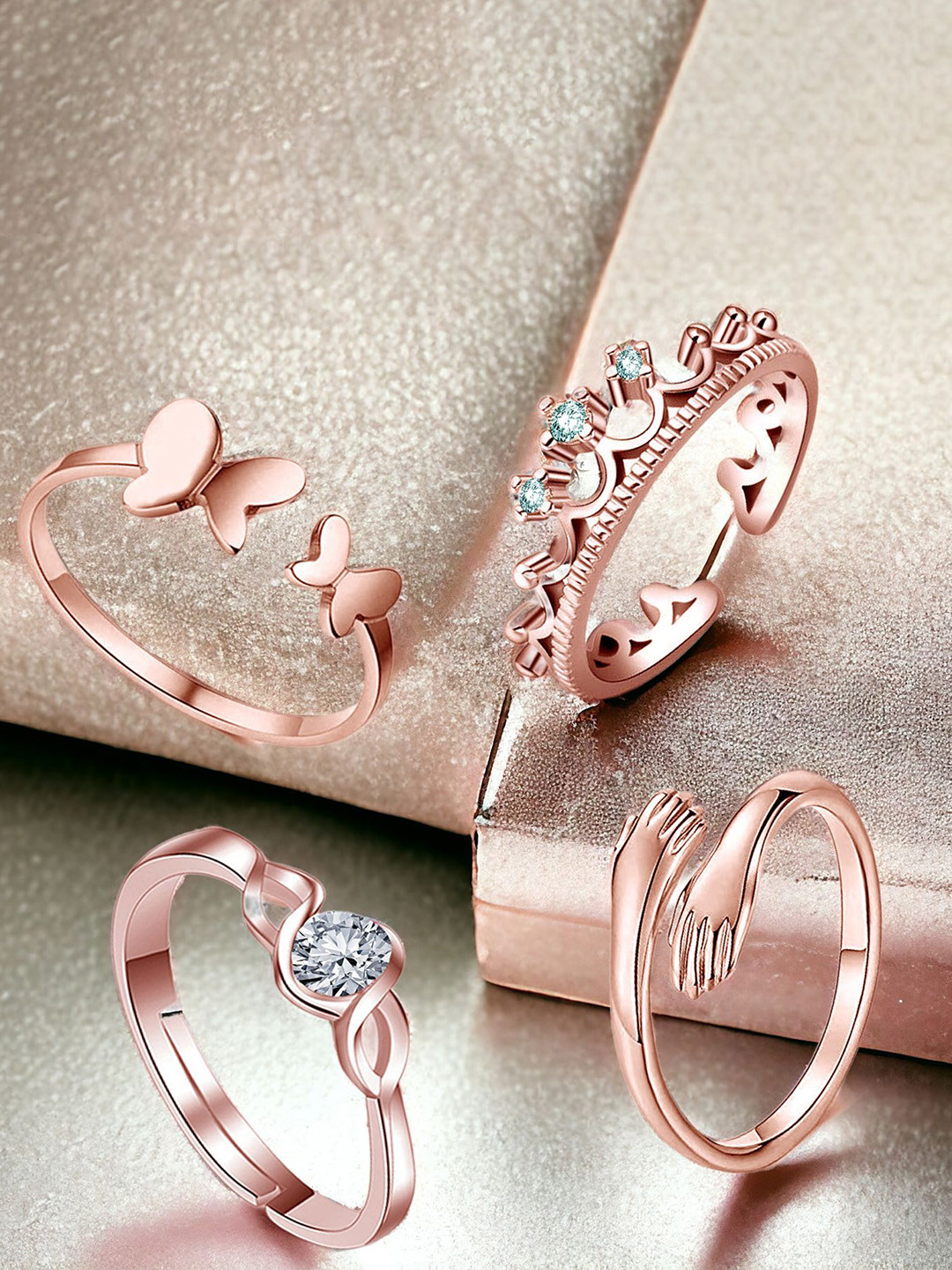 Okos Set Of 4 Rose Gold-Plated Cubic Zirconia-Studded Graceful Finger Rings