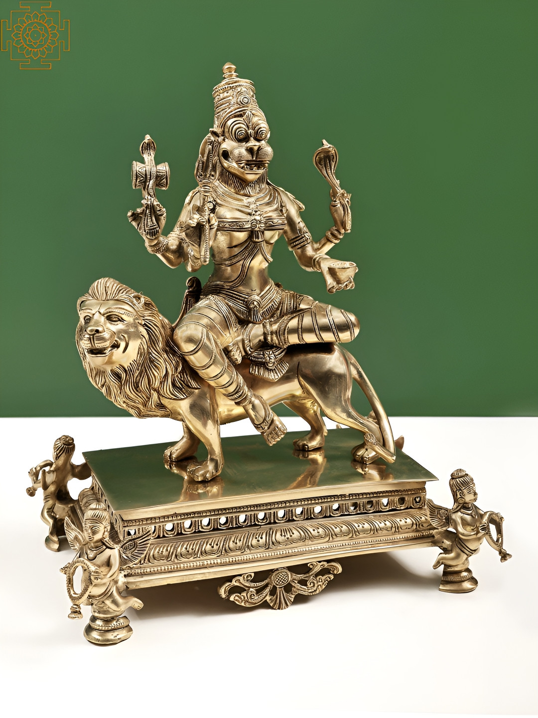 Exotic India Pratyangira Devi Gold Brass Metallic Prayer Room Medium Showpiece - 8.4 Inches