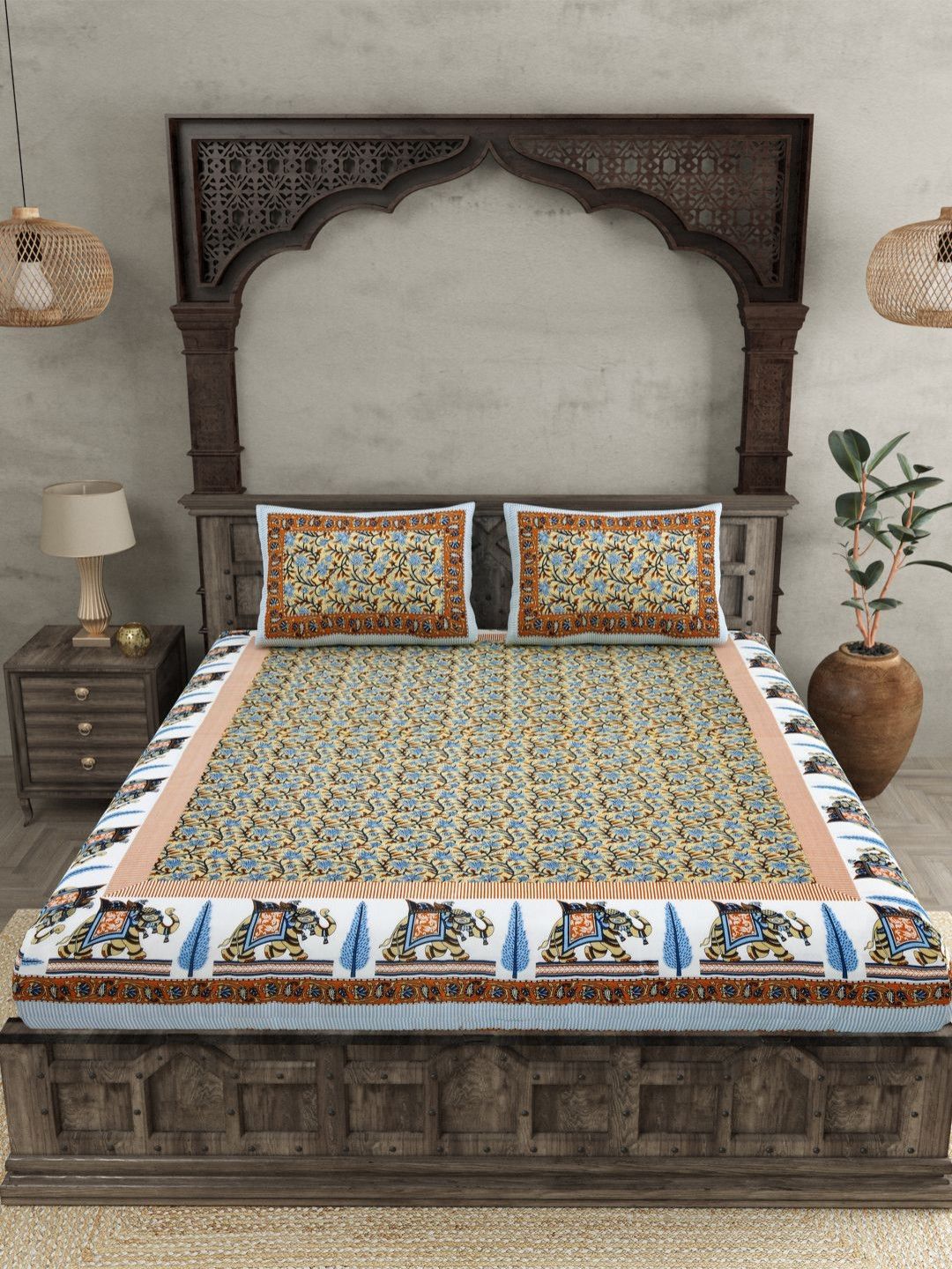 JAIPUR FABRIC Leafy Flair Brown Ethnic Motifs Cotton 144 TC King Bedsheet with 2 Pillow Covers-106 x 89 inches
