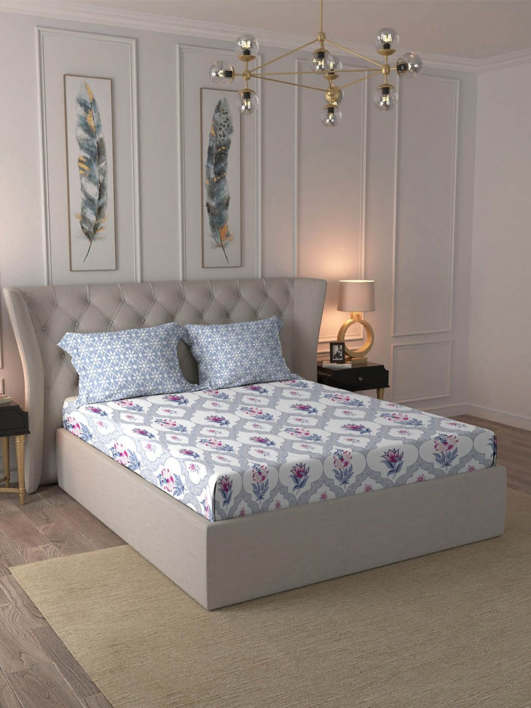 MYTRIDENT Dusk And Dawn Blue Floral Pure Cotton 144 TC Queen Bedsheet with 2 Pillow Covers-89 x 100 inches